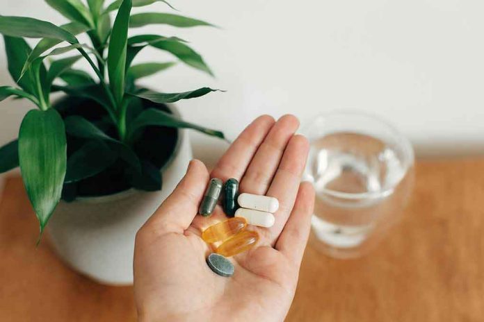 shutterstock_1509043301 Hand holding assorted pills next to a plant and a glass of water
