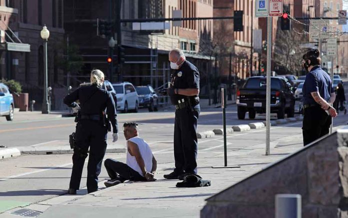 shutterstock_1714214569-1 Police officers detain a seated man on a city sidewalk