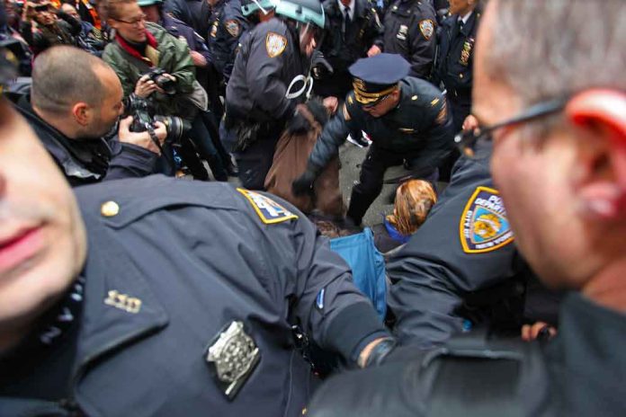 Police officers detain a person during a crowded street protest