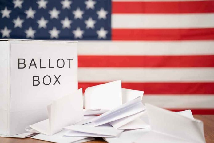 Ballot box with papers in front of an American flag