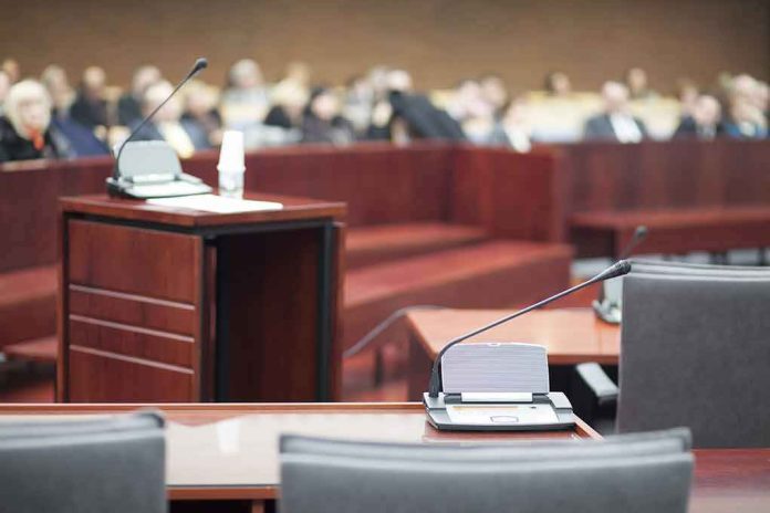 Courtroom with empty witness stand and microphones