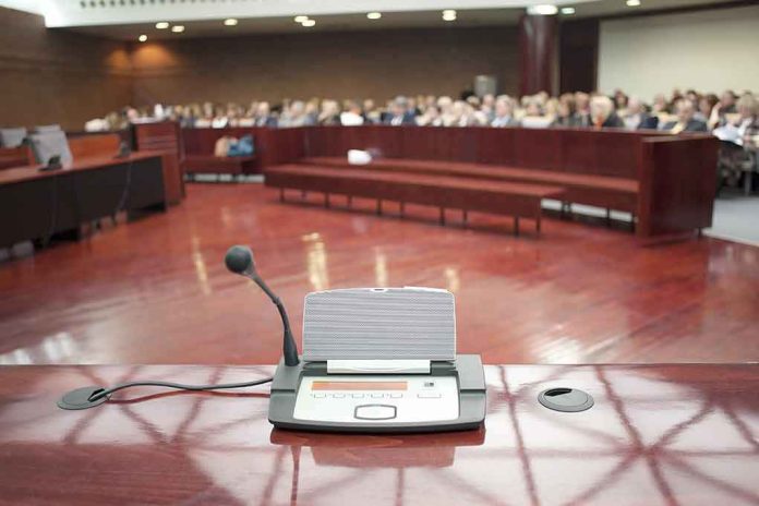 shutterstock_184839521 Conference microphone on a podium in a courtroom