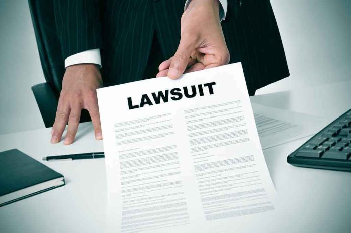 Businessperson holding a lawsuit document at a desk