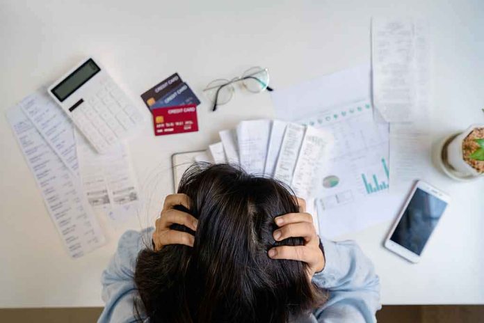 shutterstock_2003657864 Person holding head over bills and credit cards on desk