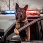 Police dog leaning out of patrol car window