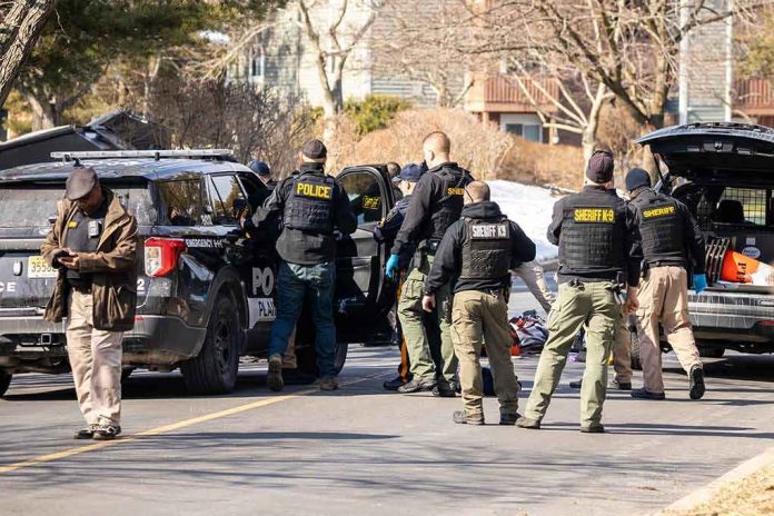 Police and sheriff officers gather around vehicles on a suburban street