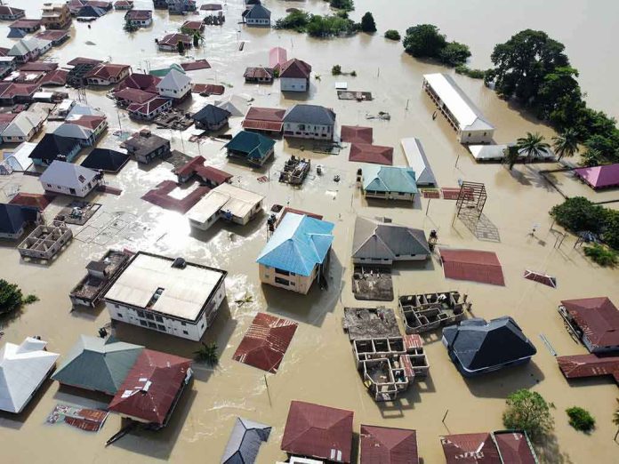 shutterstock_2238807151 Aerial view of flooded residential neighborhood