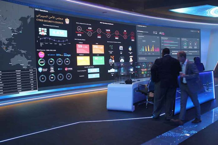 cybersecurity operations room with large data dashboards and people discussing