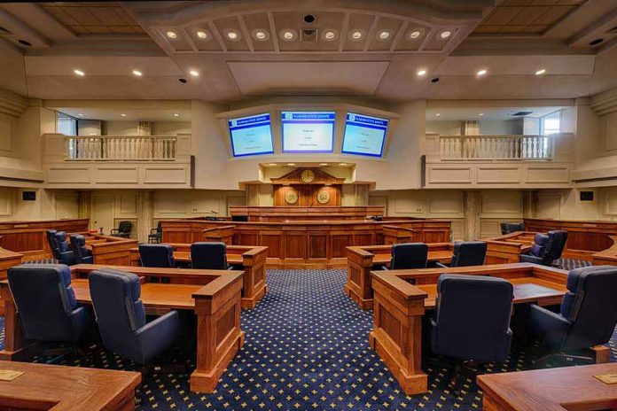 shutterstock_242072563 Courtroom interior with wooden benches and judge's bench