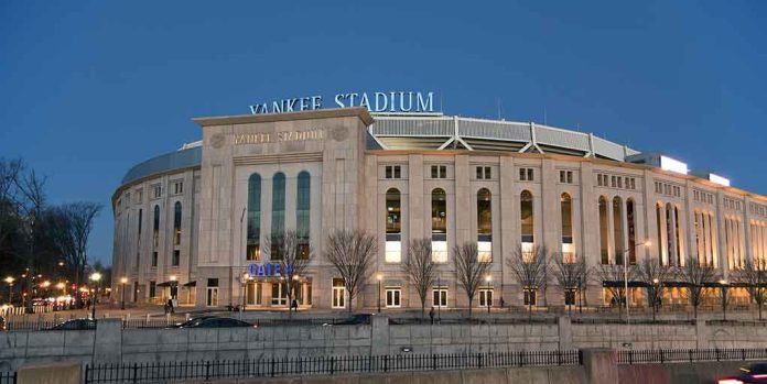 Yankee Stadium exterior at dusk