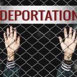 Pepper Spray Chaos Outside ICE Facility Hands gripping chain-link fence with deportation sign