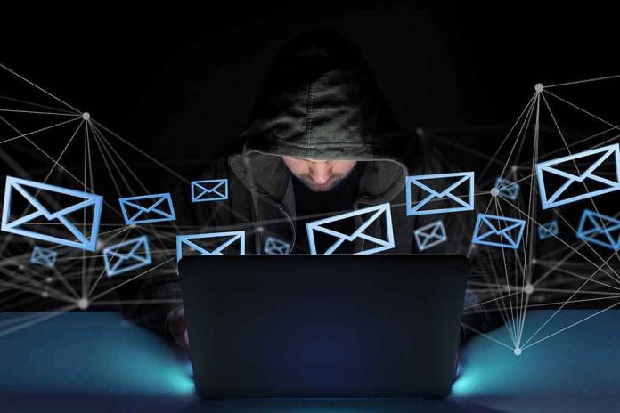 shutterstock_1013607241 Hooded person using a laptop surrounded by email icons