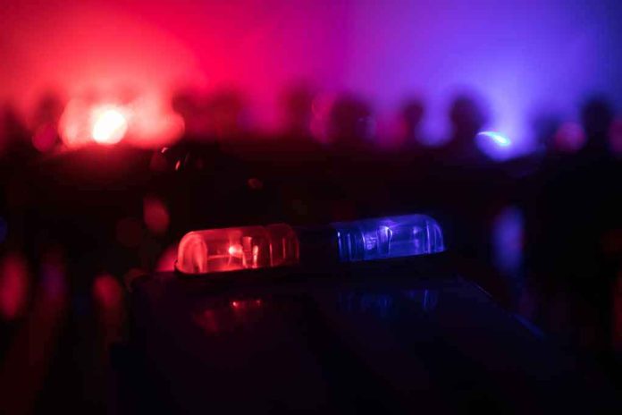 shutterstock_1425429410-1 Police car light bar flashing red and blue at night
