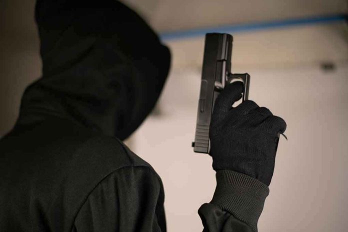 shutterstock_1495712093 Hooded person holding a handgun