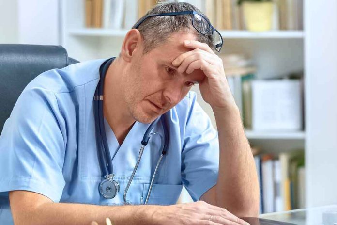 doctor in scrubs sitting with hand on forehead