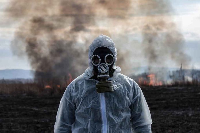 shutterstock_1684516213-1 Person in hazmat suit wearing gas mask amid smoke