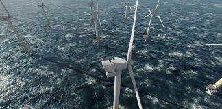 Offshore wind turbines in rough sea from aerial view