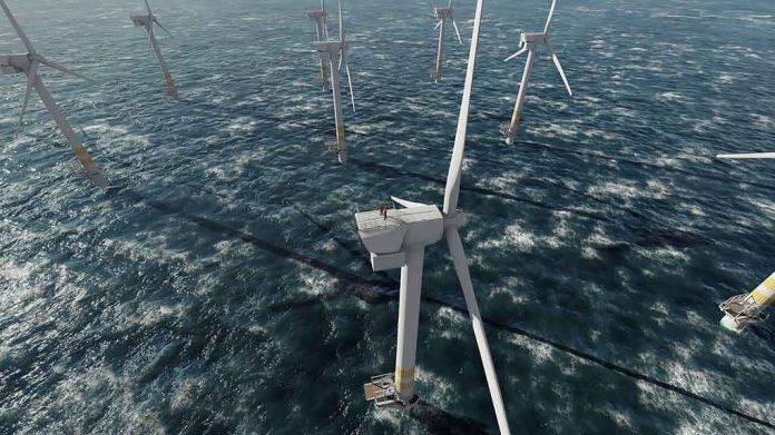 Offshore wind turbines in rough sea from aerial view