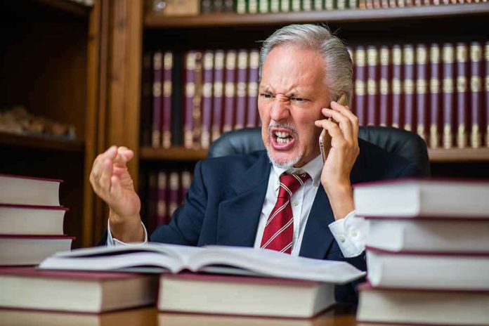 Older man in suit arguing on phone at desk with law books