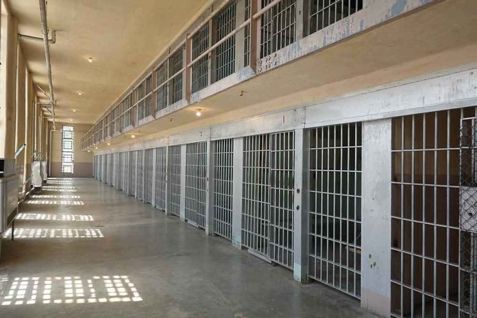 shutterstock_2346475123 Prison cell block corridor with barred doors