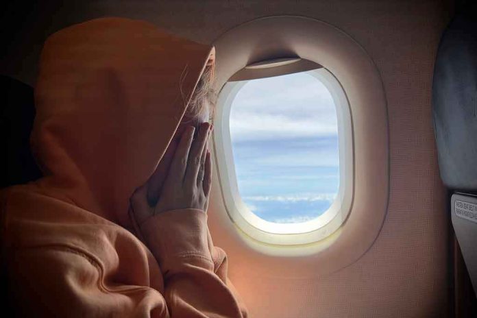 shutterstock_2360482029-1 Airplane passenger hiding face in hands beside the window