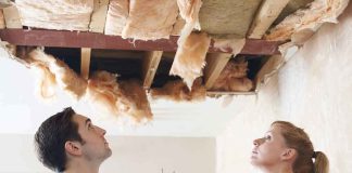 Two people inspecting a damaged ceiling with exposed insulation