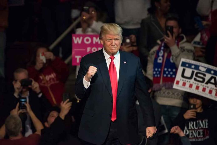 shutterstock_551329747 Donald Trump at a rally raising his fist amid a cheering crowd